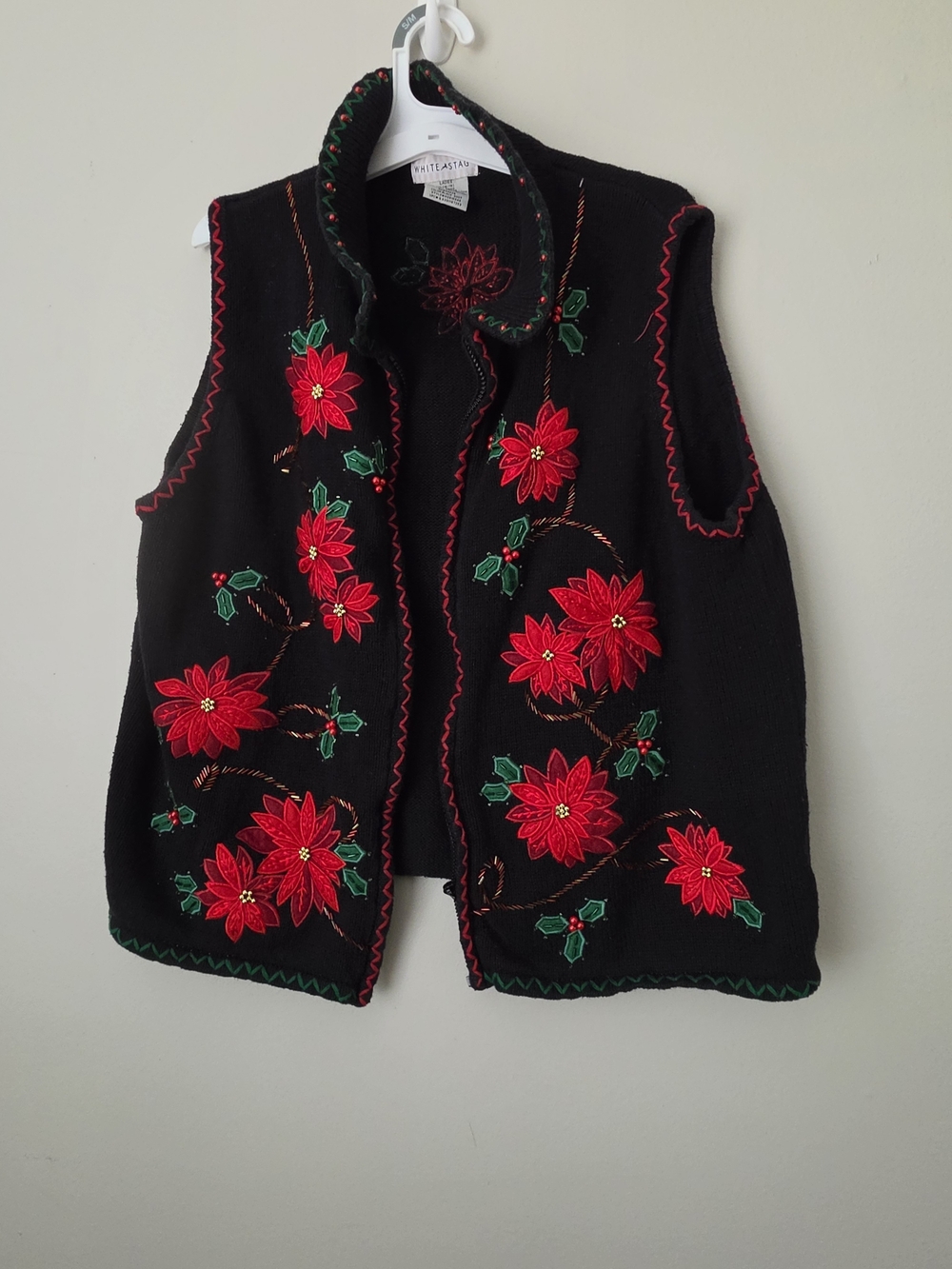 Vintage White Stag Black Vest with Red Poinsettia Embroidery